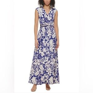 Jessica Howard Navy and White Floral Wrap Maxi Dress